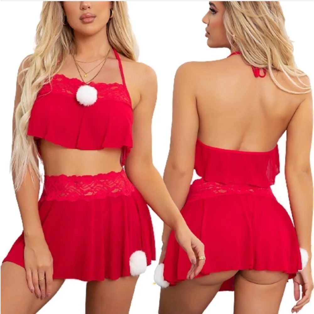 Sexy Lingerie Santa for Women Lace Babydolls Bra and Panty Christmas Pajamas Set